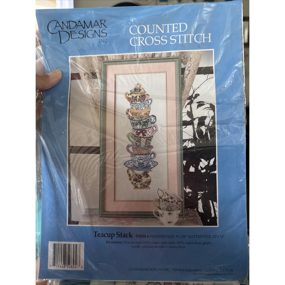 Candamar Designs Teacup Stack Counted Cross Stitch Kit 50804 8x20 Vintage 1994